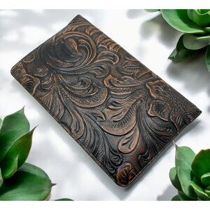 Vintage Embossed Vinyl Business and Credit Card Holder Floral Pattern Brown
